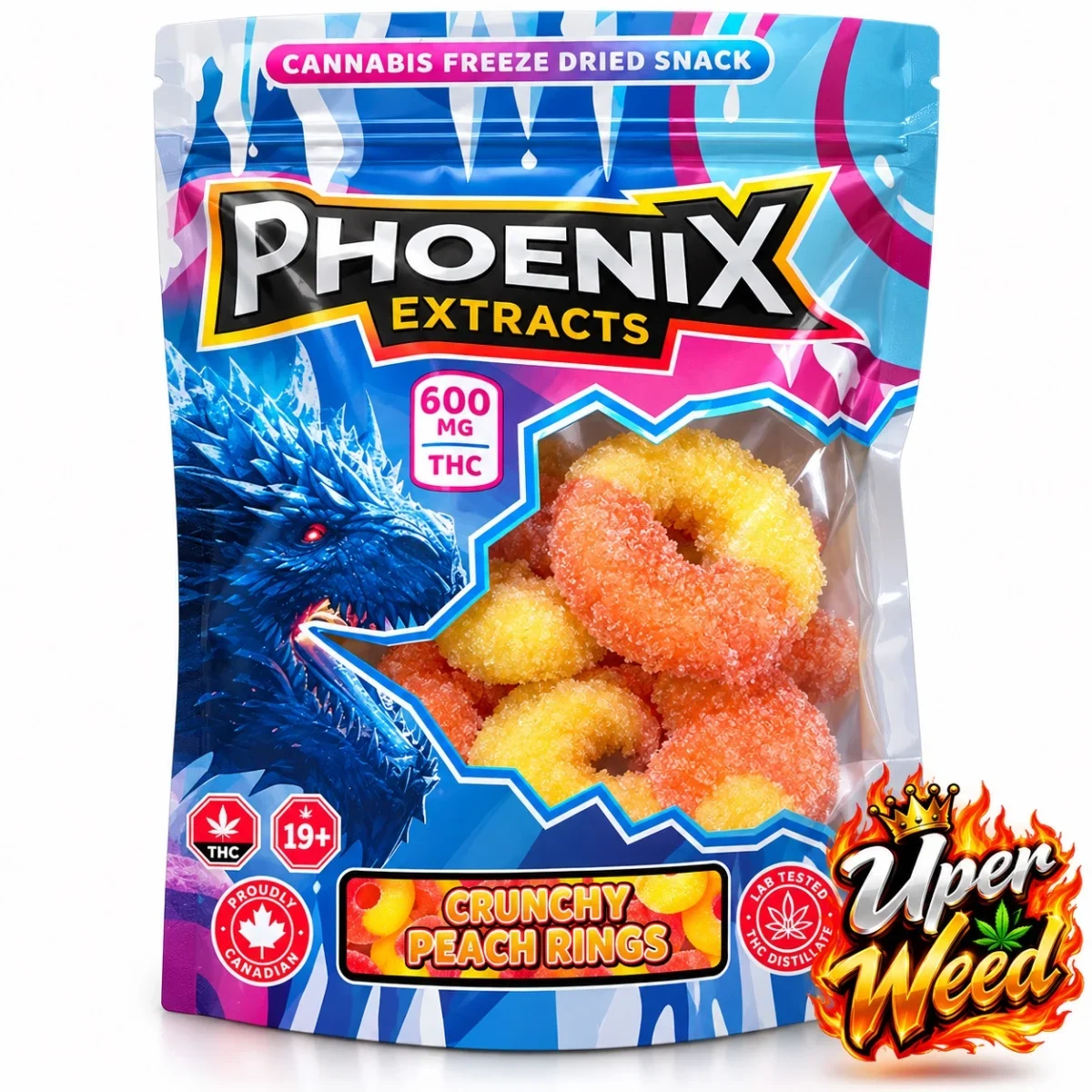 Phoenix Extracts 600mg Freeze Dried Snack, Crunchy Peach Rings