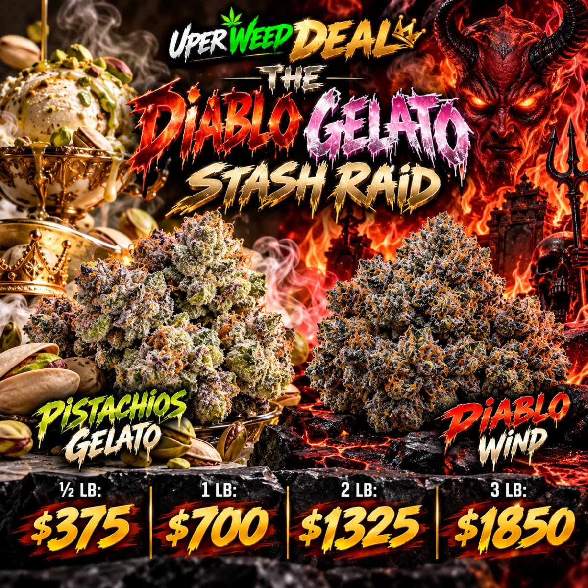 THE DIABLO GELATO STASH RAID: ½ LB: $375 | 1 LB: $700 | 2 LB: $1325 | 3 LB: $1850
